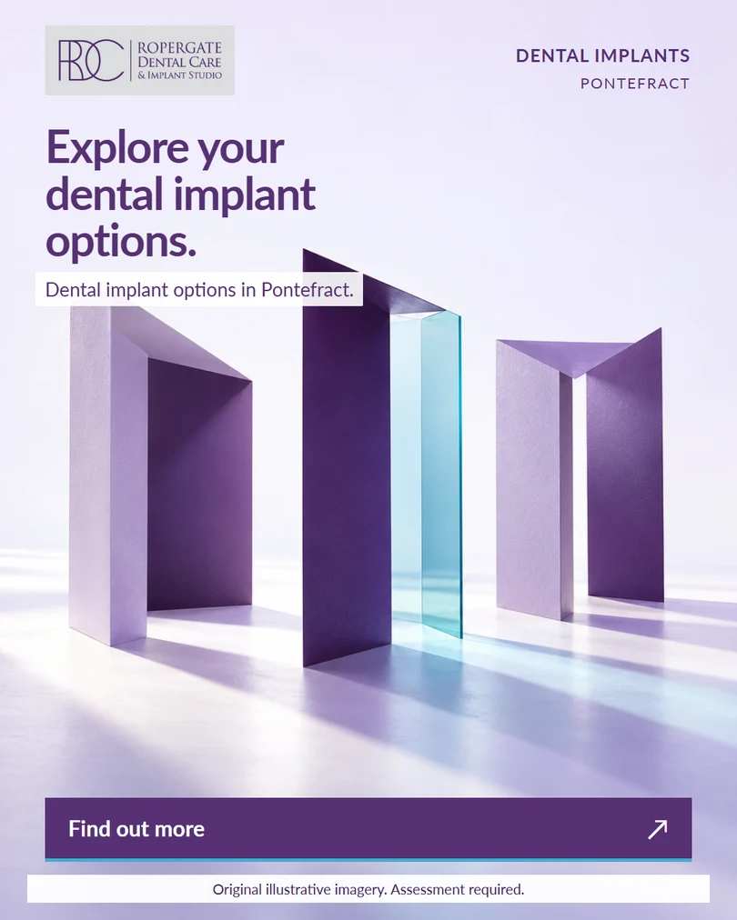 Explore your dental implant options. Abstract purple choices visual. Find out more.