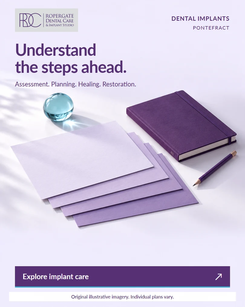 Understand the steps ahead. Editorial purple planning still-life. Explore implant care.