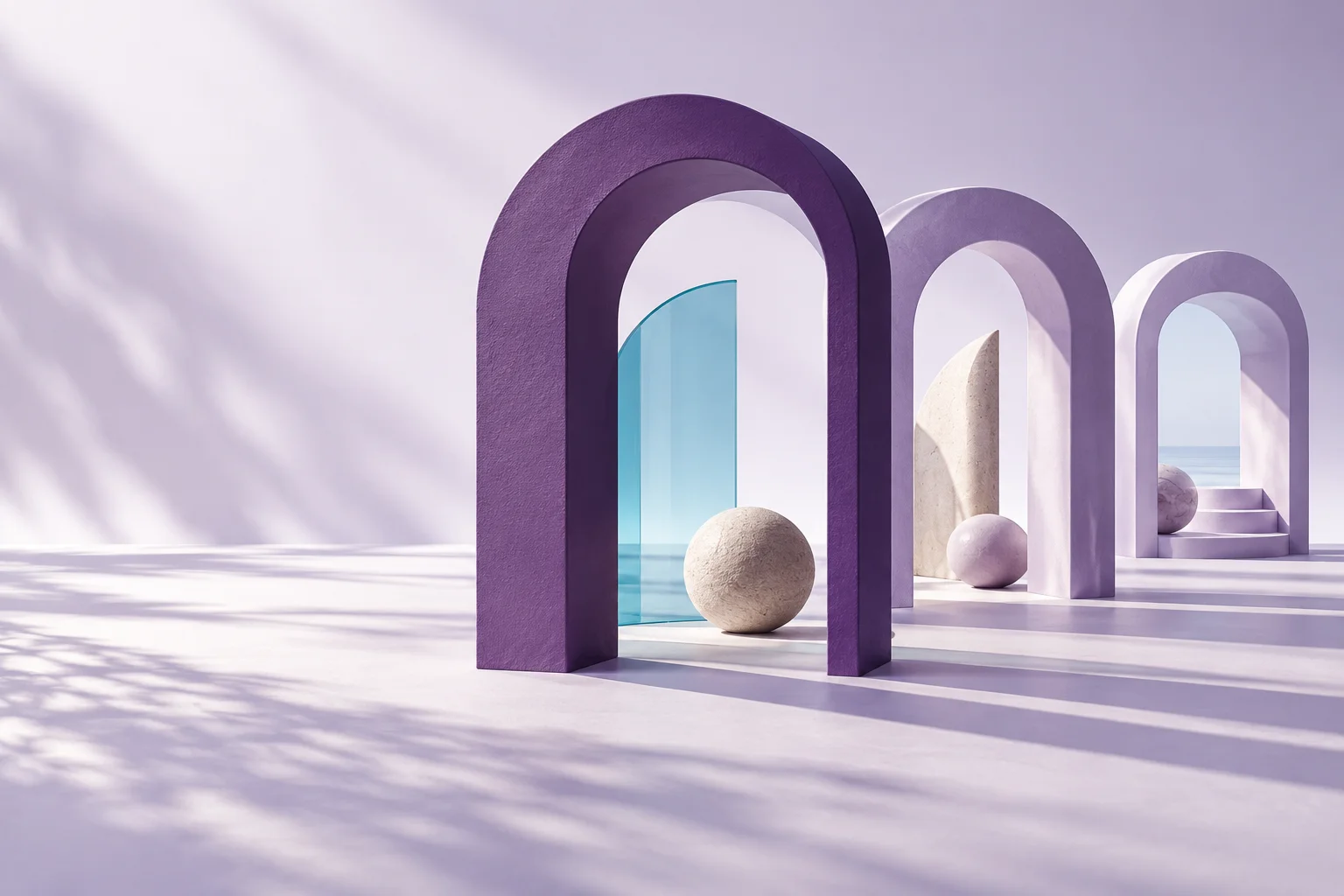 Illustrative artwork: a row of purple and lilac arches with a pane of cyan glass in soft daylight.